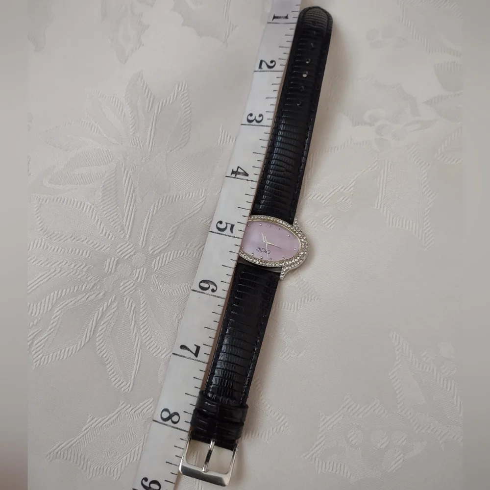Cache Oval Crystals Pink Mother Of Pearl Watch Lizard Black Leather Strap